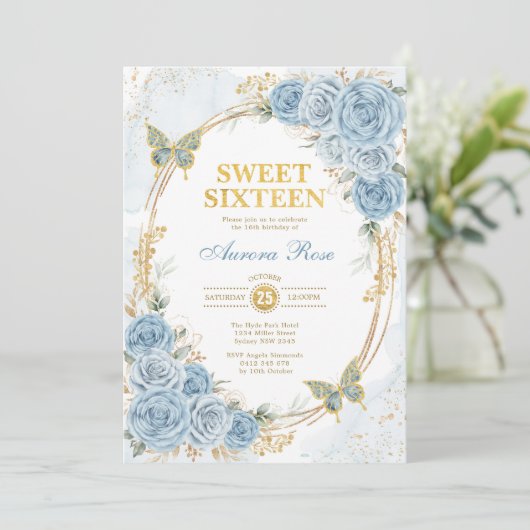 Dusty Blue Gold Rozen Sweet Sixteen Verjaardag Kaart (Staand voorkant)