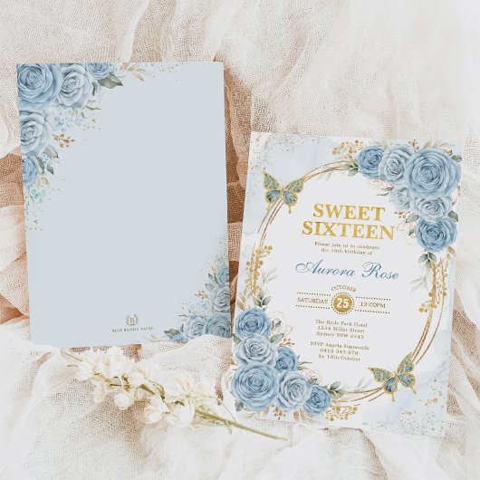 Dusty Blue Gold Rozen Sweet Sixteen Verjaardag Kaart