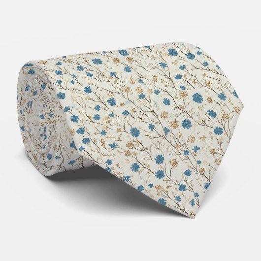Dusty Blue & Gold Rustic Wildflowers Wedding Stropdas (Opgerold)