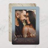 Dusty Blue Gold Script en marble Photo Overlay Save The Date (Voorkant / Achterkant)