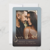 Dusty Blue Gold Script en marble Photo Overlay Save The Date (Voorkant)