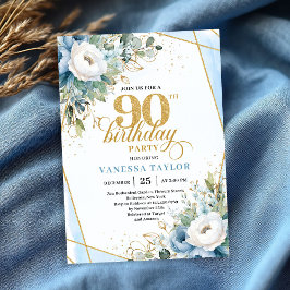 Dusty blue gold script frame modern 90th birthday  kaart