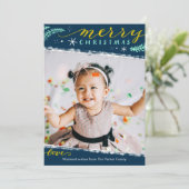 Dusty Blue Gold Script minimalistische foto Kerstm Feestdagenkaart (Staand voorkant)