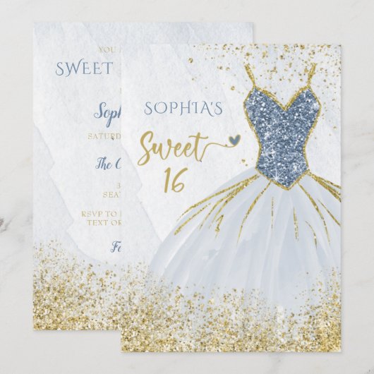 Dusty Blue Gold Sparkle Dress Sweet 16 jaar Kaart (Voorkant / Achterkant)