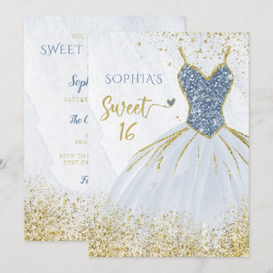 Dusty Blue Gold Sparkle Dress Sweet 16 jaar Kaart
