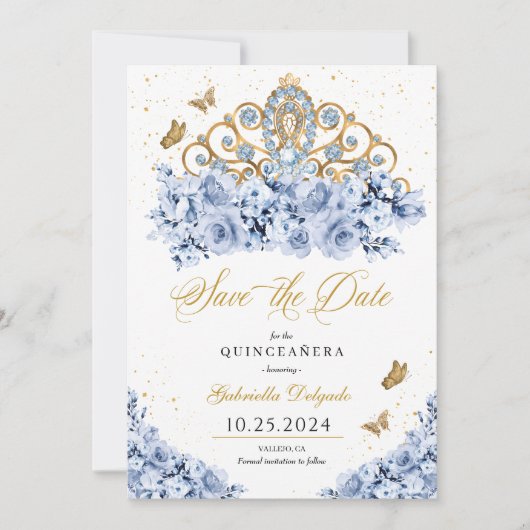 Dusty Blue & Gold Tiara Bewaar de datum Quinceañer Kaart (Voorkant)