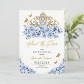 Dusty Blue & Gold Tiara Bewaar de datum Quinceañer Kaart (Staand voorkant)