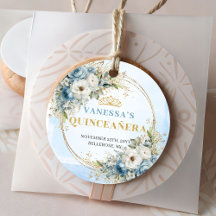 Dusty Blue Gold Tiara Quinceañera Favor Label