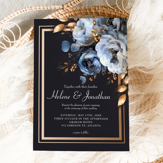 Dusty Blue Gold Waterverf Modern Elegant Wedding Kaart