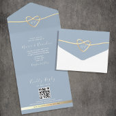 Dusty Blue Gold Wedding Invitation met QR-code All In One Uitnodiging