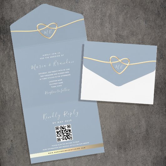 Dusty Blue Gold Wedding Invitation met QR-code All In One Uitnodiging