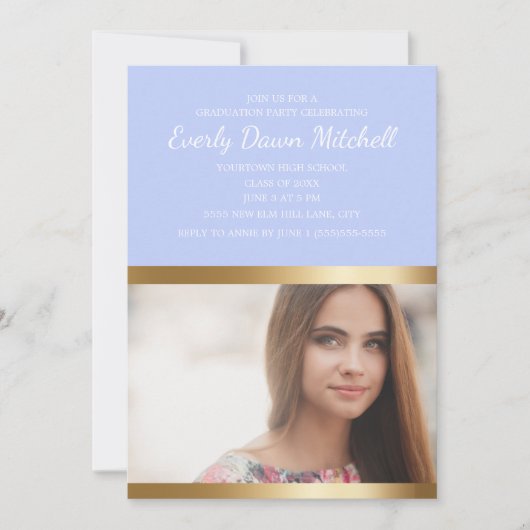 Dusty Blue Gold White Stripe Graduparty Save The Date (Voorkant)