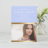 Dusty Blue Gold White Stripe Graduparty Save The Date (Staand voorkant)