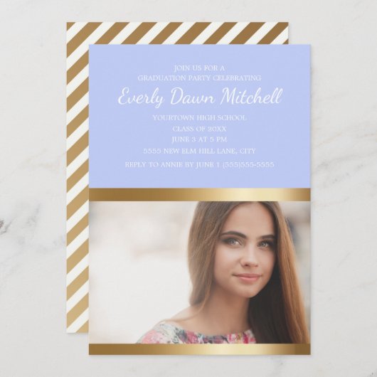 Dusty Blue Gold White Stripe Graduparty Save The Date (Voorkant / Achterkant)