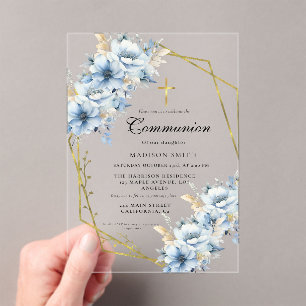 Dusty Blue Gold Wildflower Eerste Heilige Communie Acryl Uitnodigingen