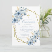 Dusty Blue Gold Wildflower Eerste Heilige Communie Kaart (Staand voorkant)