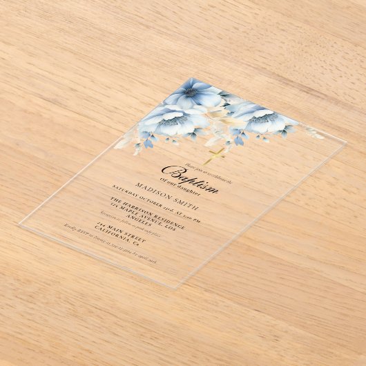 Dusty Blue Gold Wildflower Eerste Heilige Doop Acryl Uitnodigingen (Laagn)