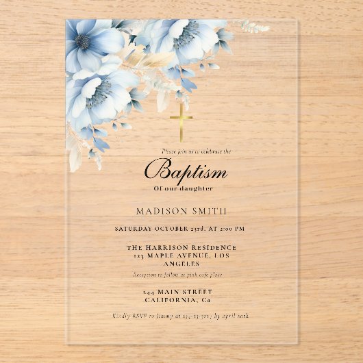Dusty Blue Gold Wildflower Eerste Heilige Doop Acryl Uitnodigingen (Voorkant)