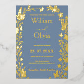 Dusty Blue Gold Wildflower Fotobruiloft Folie Uitnodiging (Voorkant)