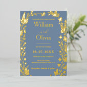 Dusty Blue Gold Wildflower Fotobruiloft Folie Uitnodiging (Staand Voorkant)