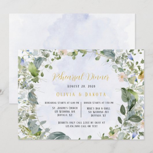 Dusty Blue Gold Wildflower Rehearings Dinner Kaart (Voorkant / Achterkant)