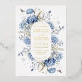 Dusty Blue & Gold Wildflower Rustiek Chic Wedding Folie Uitnodiging (Voorkant)
