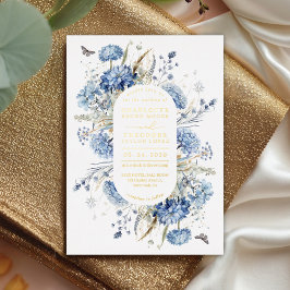 Dusty Blue & Gold Wildflower Rustiek Chic Wedding Folie Uitnodiging