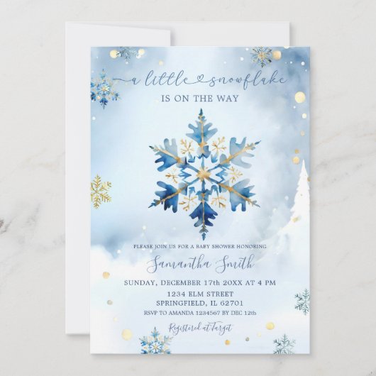 Dusty Blue Gold Winter Snowflake Baby shower Kaart (Voorkant)