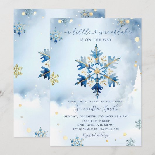 Dusty Blue Gold Winter Snowflake Baby shower Kaart (Voorkant / Achterkant)