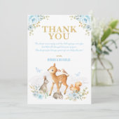Dusty Blue Gold Woodland Animals Forest Baby Boy Bedankkaart (Staand voorkant)