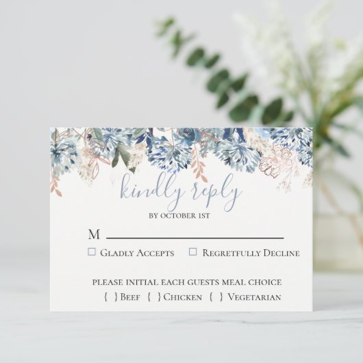 Dusty Blue Golden Botanical Bruiloft RSVP Kaart (Staand voorkant)