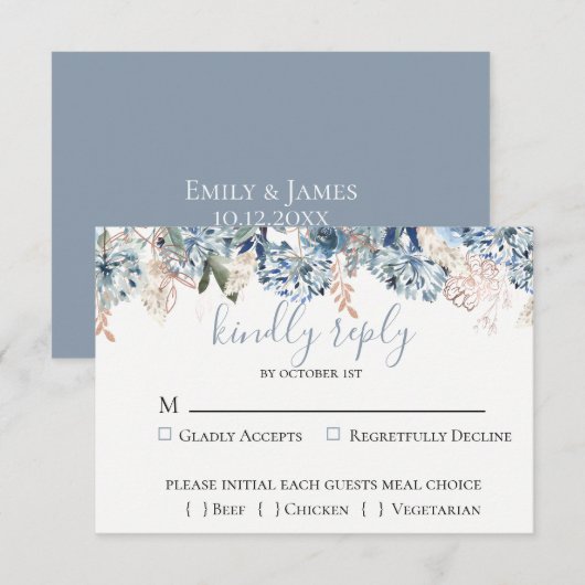 Dusty Blue Golden Botanical Bruiloft RSVP Kaart (Voorkant / Achterkant)