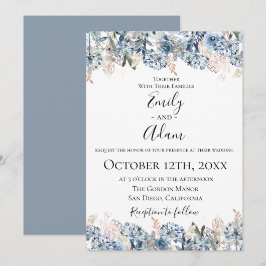 Dusty Blue Golden Botanical bruiloft uitnodiging (Voorkant / Achterkant)