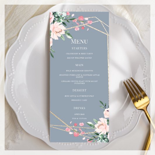 Dusty Blue | Goud | Blush Pink Floral Wedding Menu