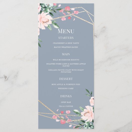 Dusty Blue | Goud | Blush Pink Floral Wedding Menu (Voorkant)