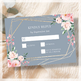 Dusty Blue | Goud | Blush Pink Floral Wedding RSVP Kaartje