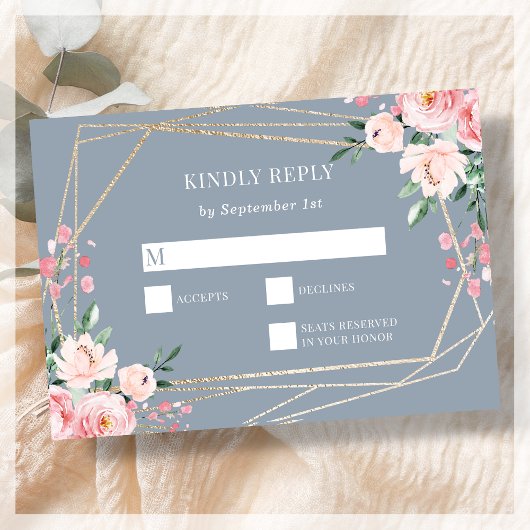 Dusty Blue | Goud | Blush Pink Floral Wedding RSVP Kaartje