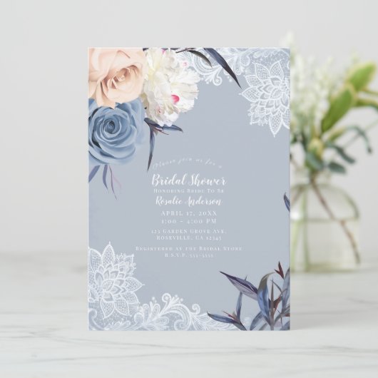 Dusty Blue Gray en Peach Floral Vrijgezellenfeest Kaart (Staand voorkant)