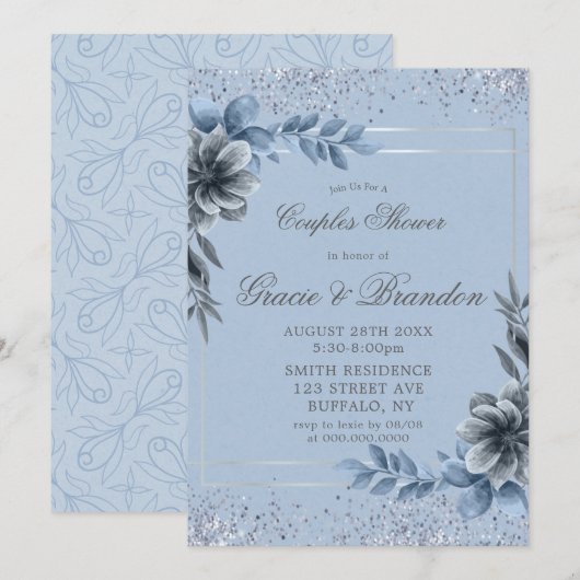 Dusty Blue Gray Floral Couples Shower Invitations (Voorkant / Achterkant)