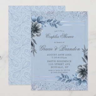 Dusty Blue Gray Floral Couples Shower Invitations