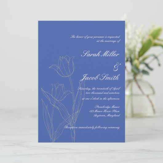 Dusty Blue & Gray minimalist Tulip Wedding Kaart (Staand voorkant)