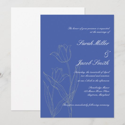 Dusty Blue & Gray minimalist Tulip Wedding Kaart (Voorkant / Achterkant)