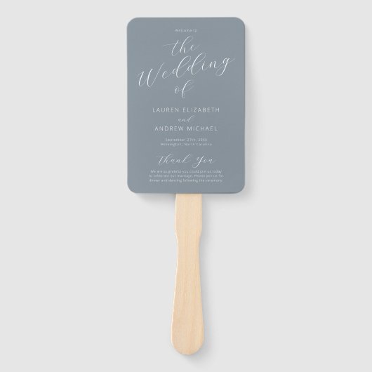Dusty Blue Gray Modern Calligraphy Wedding Program Handwaaier (Voorkant)