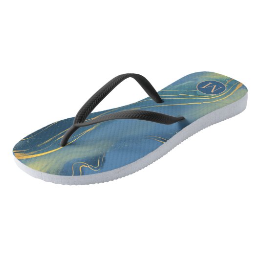 Dusty Blue Gray Monogram Wavy Gold Line Abstract Teenslippers (Schuin)