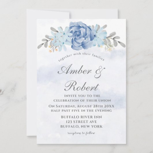 Dusty Blue Gray Painted Peony Wedding Invitting (Voorkant)