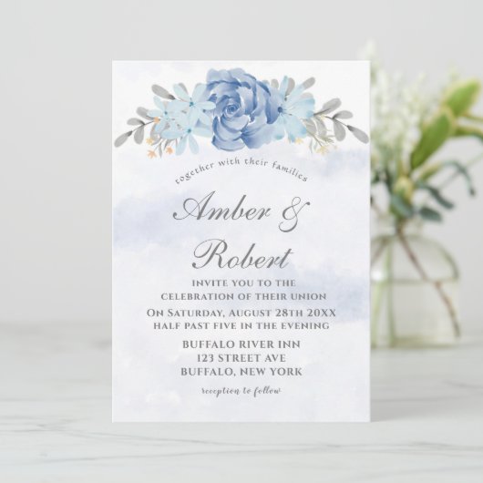 Dusty Blue Gray Painted Peony Wedding Invitting (Staand voorkant)