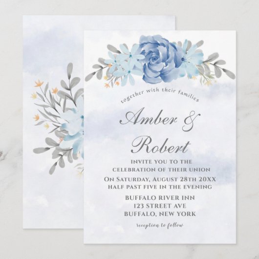 Dusty Blue Gray Painted Peony Wedding Invitting (Voorkant / Achterkant)