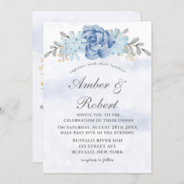 Dusty Blue Gray Painted Peony Wedding Invitting