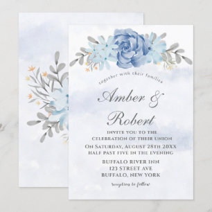 Dusty Blue Gray Painted Peony Wedding Invitting