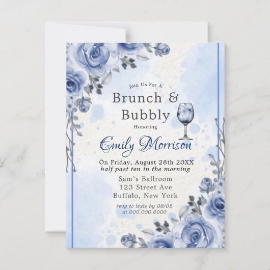 Dusty Blue Gray Peony Brunch & Bubble Invitation Kaart (Voorkant)